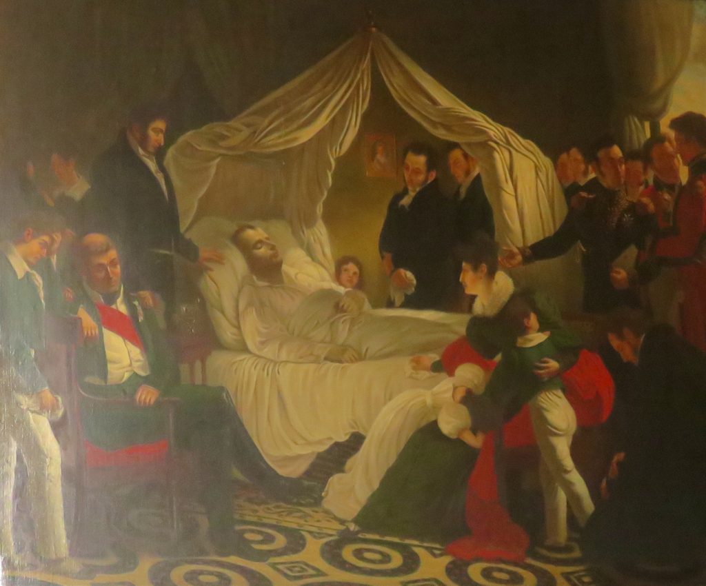 Von Stuben's painting of Napoleon's death scene in the reception room of Longwood House, St Helena. Photo taken in Museo Napoleonic, Havana, by Margaret Rodenberg 2017